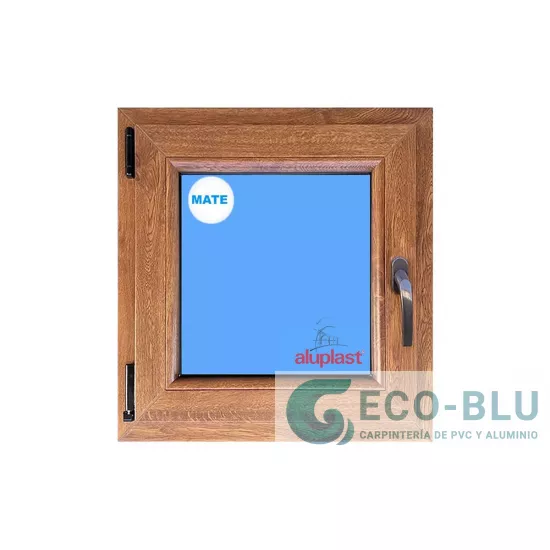 Ventana PVC 600x600 Roble Dorado Oscilobatiente Izquierda Vidrio Mate