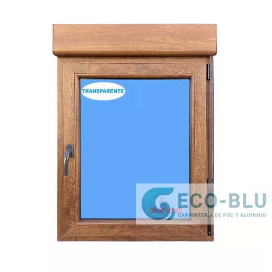 Ventana PVC 800x1155 Roble Dorado Oscilobatiente Derecha con Persiana Vidrio Transparente