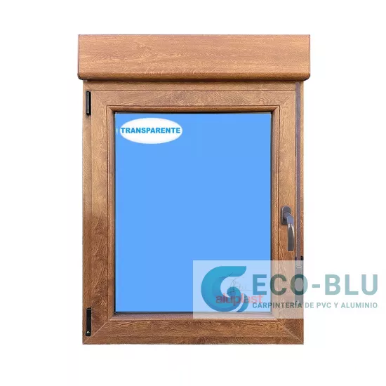Ventana PVC 800x1155 Roble Dorado Oscilobatiente Izquierda con Persiana Vidrio Transparente