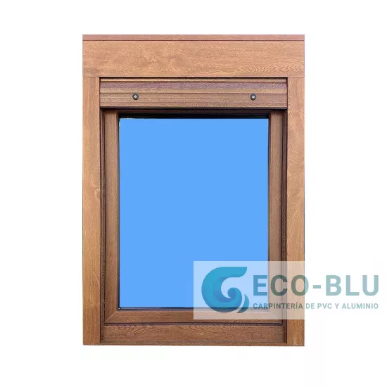 Ventana PVC 800x1155 Roble Dorado Oscilobatiente Izquierda con Persiana Vidrio Transparente