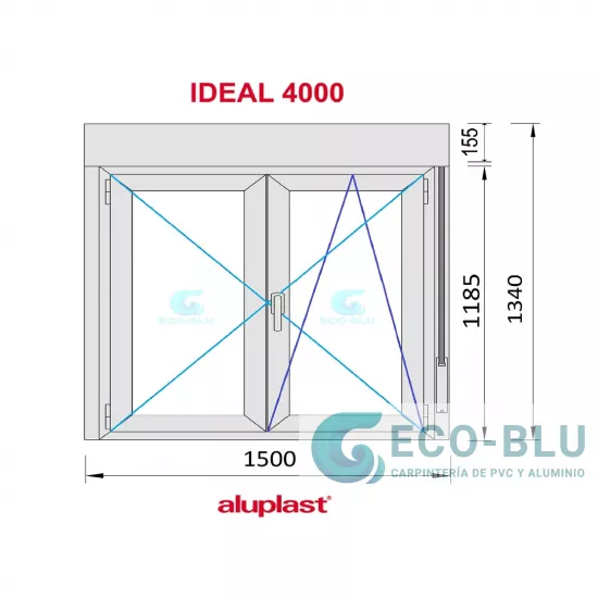 Ventana PVC 1500x1340 Blanca 2 Hojas Oscilobatiente con Persiana Vidrio Transparente