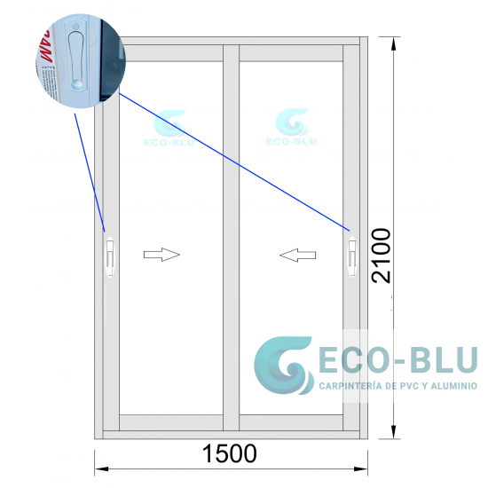 Puerta corredera PVC 1500x2100 Blanca Vidrio Transparente Manivela Interior oculta